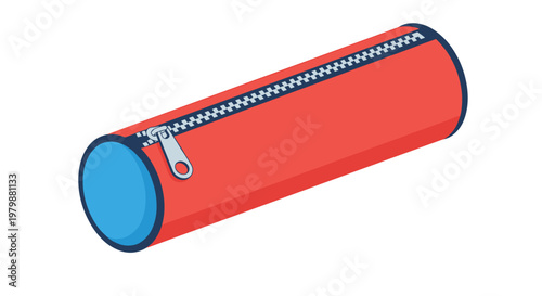 Simple and clean vector illustration of a red and blue cylindrical zippered pencil case for school or office supplies.