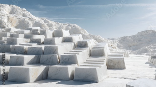 Marble stones arranged in steps at a quarry during a sunny day with clear sky
