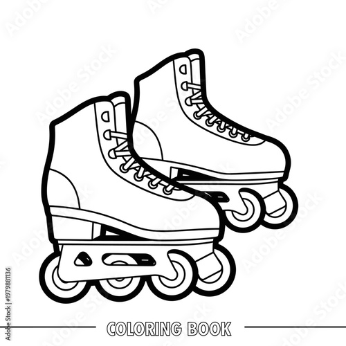 A black and white outline drawing of a pair of inline roller skates, suitable for a coloring book activity.