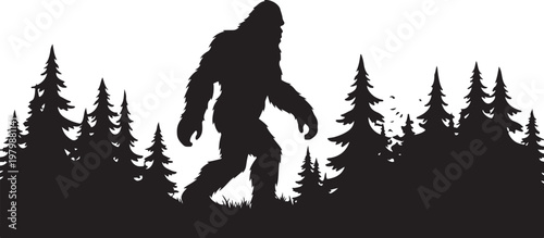Bigfoot walking through a forest of pine trees at dusk