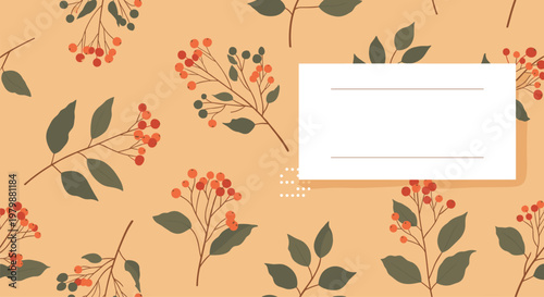 Autumn botanical background pattern with branches berries and leaves providing a white note card space for text.
