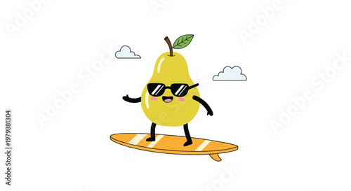 Cheerful cartoon pear character with sunglasses happily surfing on a board against a white background with simple cloud drawings.