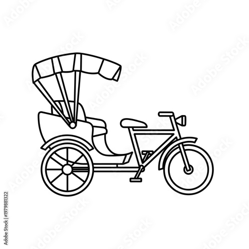 A simple line drawing of a three-wheeled bicycle rickshaw with a canopy.