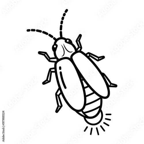 A simple black and white line drawing of a firefly with glowing abdomen.
