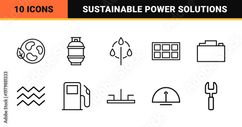 Clean hydrogen energy and renewable power infrastructure line icon set