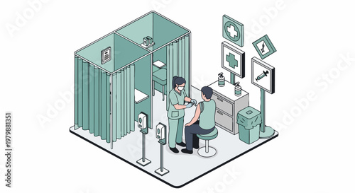 Isometric Illustration of a Medical Clinic Vaccination Center with a Nurse Administering a Vaccine to a Patient