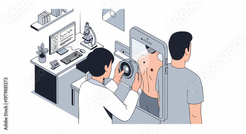 Dermatologist Examining Patient's Skin for Moles Using Smartphone Technology for Digital Health Screening and Remote Telemedicine Diagnosis