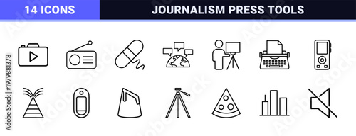 Journalism and media broadcasting minimalist outline icon set