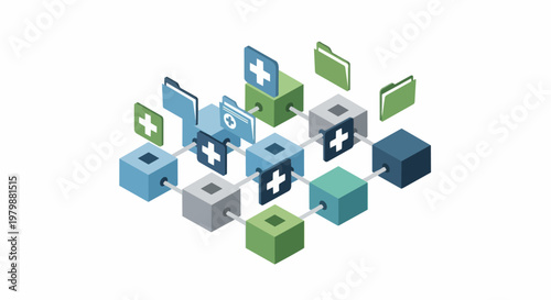 Isometric Healthcare Blockchain and Digital Medical Records Network Illustration - Concept for Secure Healthcare Data Management and Interconnected Medical Systems