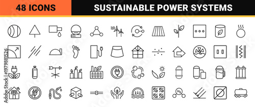 Green energy and hydrogen power line icons set.