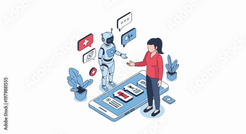 Isometric Medical AI Robot Assistant Illustration with Woman Consulting via Smartphone for Digital Healthcare and Telemedicine Services