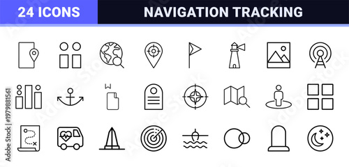 Navigation and location tracking outline icon set in minimalist style.
