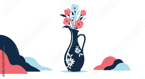 Elegant illustration of a dark vase filled with pink and blue flowers with abstract modern landscape shapes in the background.