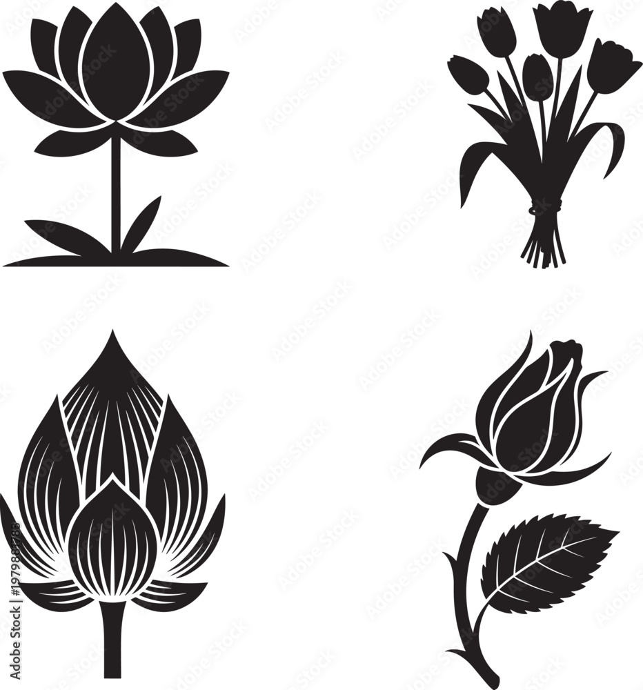 Obraz premium black silhouettes of flowers on white background