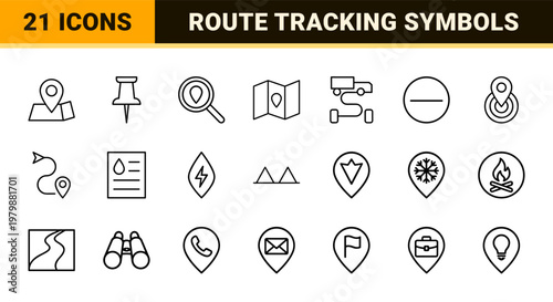 Minimalist map navigation and GPS location outline icon set