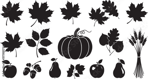 Autumn harvest icons with leaves and fruits in black silhouette