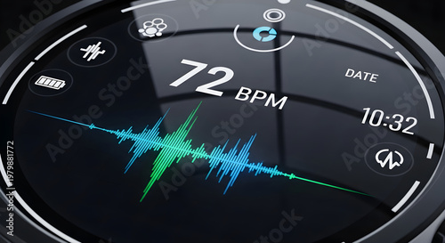 Smartwatch health monitor displaying heart rate 72 BPM and heartbeat waveform