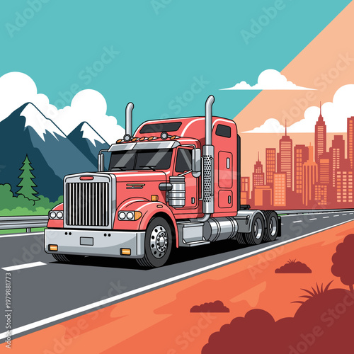 A vibrant illustration of a red semi-truck driving on a highway with a cityscape and mountains in the background.