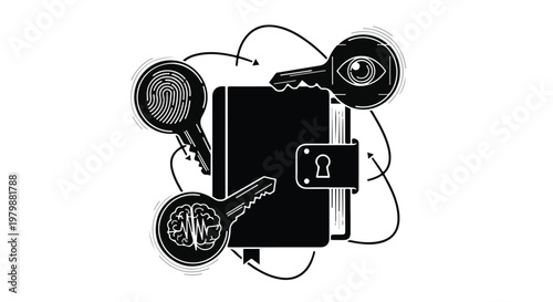 Diary locked with keys featuring symbols represents the secrets of the mind.