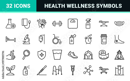 Healthcare and wellness line icon set with medical and hygiene symbols