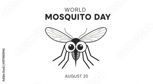 World Mosquito Day August 20 Poster with Cartoon Mosquito Character, Minimalist Line Art