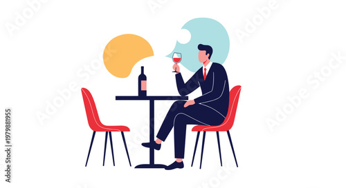 Illustration of a man in a suit sitting alone at a restaurant table drinking a glass of red wine with speech bubbles.
