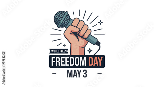 World Press Freedom Day May 3 illustration with hand holding microphone symbol of free speech