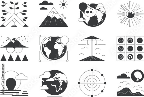 Collection of minimalist weather and nature icons representing planetary cycles and seasonal environmental change patterns