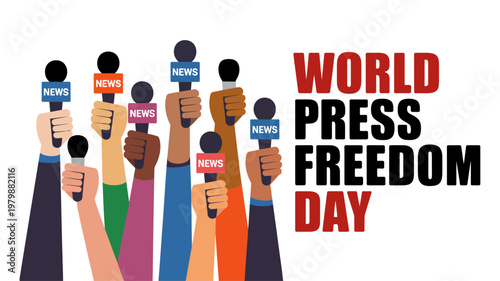 World Press Freedom Day illustration with journalists holding microphones and bold typography