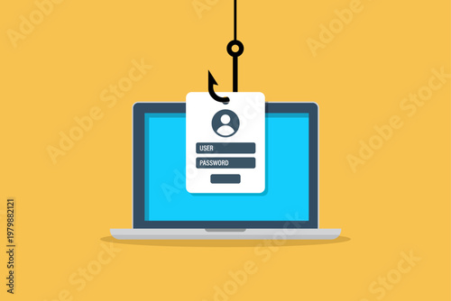 Phishing attack vector illustration with hook, laptop and login form, cyber security, password theft and online fraud concept. 