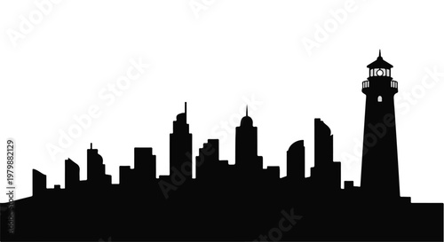 Cityscape silhouette features a prominent lighthouse standing by the skyline.