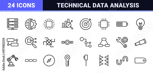 Business technology and AI line icons for data analytics and optimization.