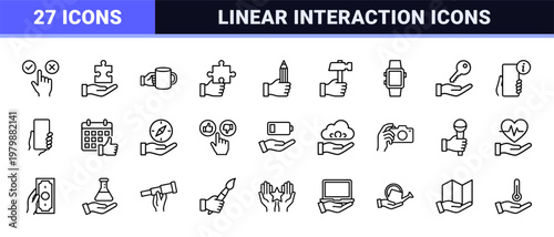 Linear hand gestures and interaction outline icons set
