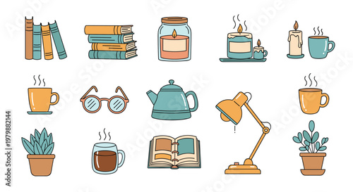 Cozy collection of cute doodle icons for reading and relaxation including books candles hot drinks and house plants.