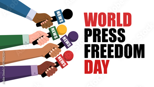 World Press Freedom Day illustration with journalists holding microphones and bold typography