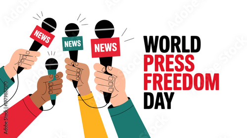 World Press Freedom Day illustration with journalists holding microphones and bold typography