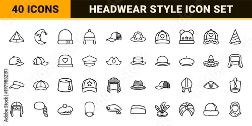 Minimalist fashion headwear and hat outline icon set