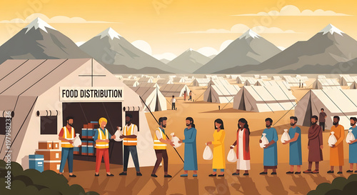 Food distribution center in a refugee camp with people lining up for humanitarian aid