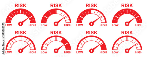 Risk meter icon vector design template, black and white color modern flat illustration, gauge and level indicator symbols for risk assessment, analytics, and business evaluation.