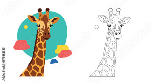 Cute cartoon giraffe head illustration shown in both full color and as a black and white line art outline for coloring.