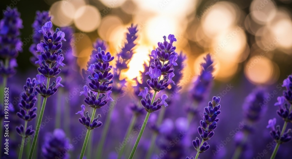 Fototapeta premium A field of purple flowers with the sun shining through the clouds