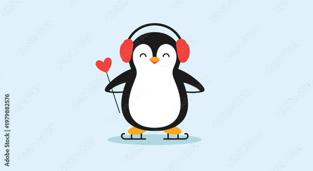 Obraz premium Adorable cartoon penguin wearing red earmuffs and ice skates while holding a heart-shaped wand on a light blue background.