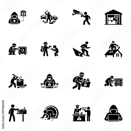 Digital and Physical Security Breaches and Illegal Criminal Activity Icon set