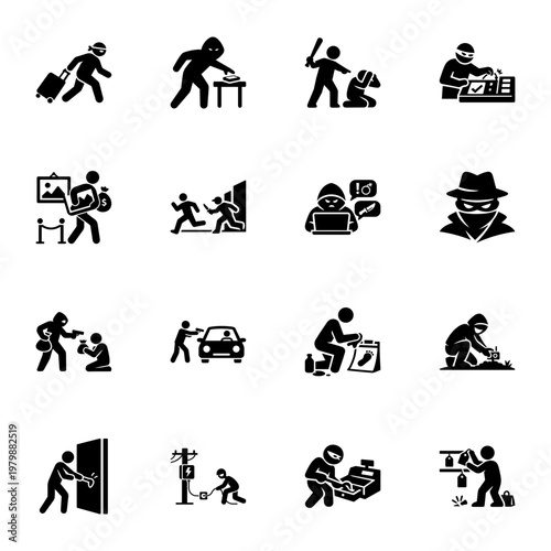 Diverse Methods of Global Criminal Activity and Lawlessness Icon set
