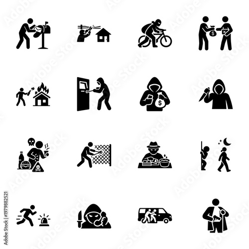 Diverse Symbolic Concepts of Global Criminal Activity and Lawless Icon set