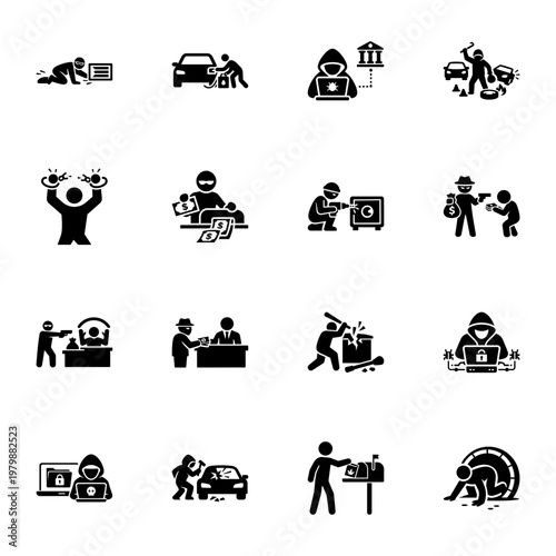 Diverse Concepts of Illegal Heist and Digital Criminal Activity Icon set