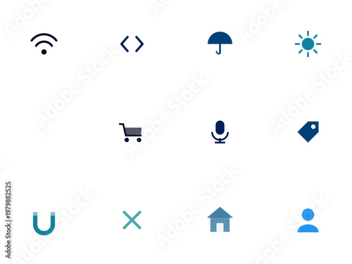 Minimalist blue web icon set, collection of 11 modern interface symbols, flat vector icons for mobile apps and website navigation menus
