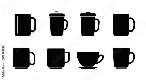 Solid silhouette icons of coffee mugs, tumblers, and cups with saucers, drinkware and beverage container set