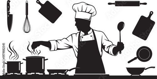 Silhouette of chef cooking with kitchen utensils and pots