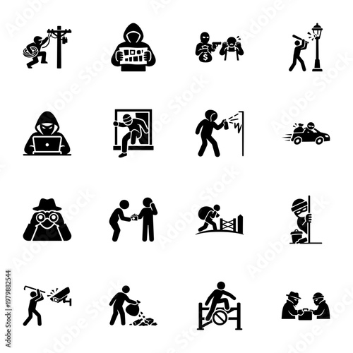 Comprehensive Visual Symbols of Diverse Illegal Acts and Criminal Activity Icon set